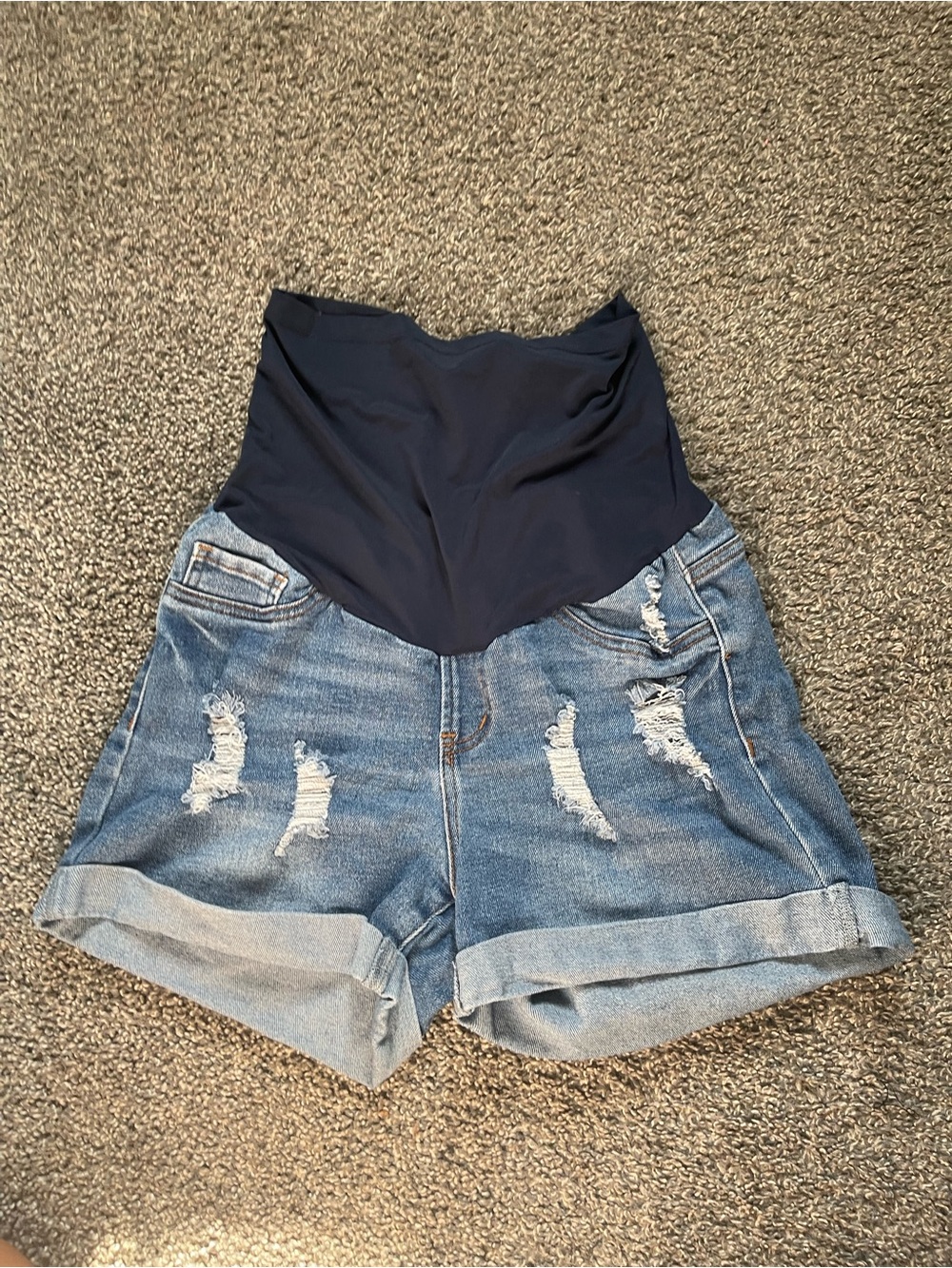 Maternity High-Waist Distressed Denim Shorts with Navy Stretch Panel